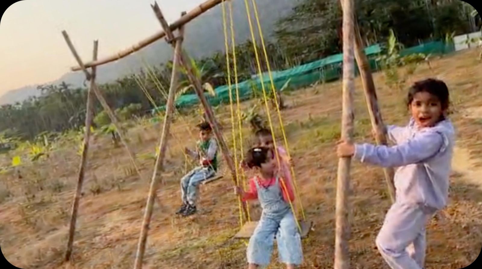 Children playing on a rope swing at the farm